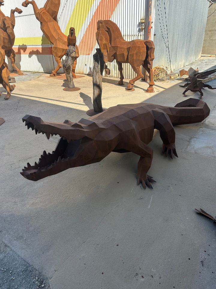 Ironjaw – Low Poly Geometric Metal Crocodile Sculpture