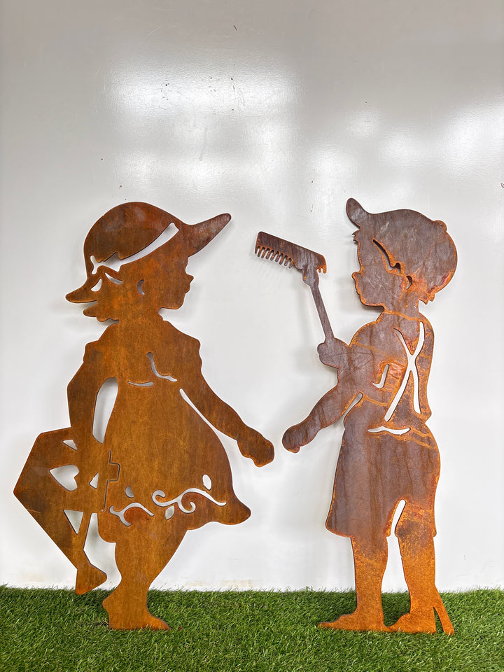 Boy with Rake / Girl with Watering Can Metal Garden Art