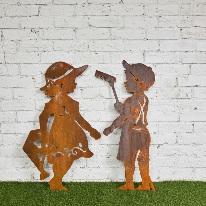 Boy with Rake / Girl with Watering Can Metal Garden Art
