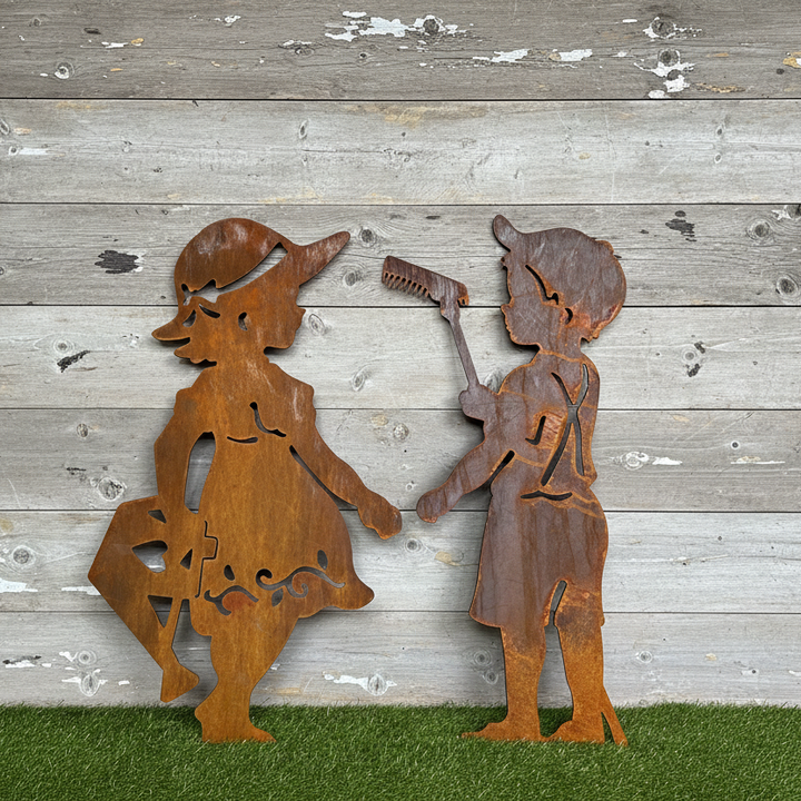 Boy with Rake / Girl with Watering Can Metal Garden Art
