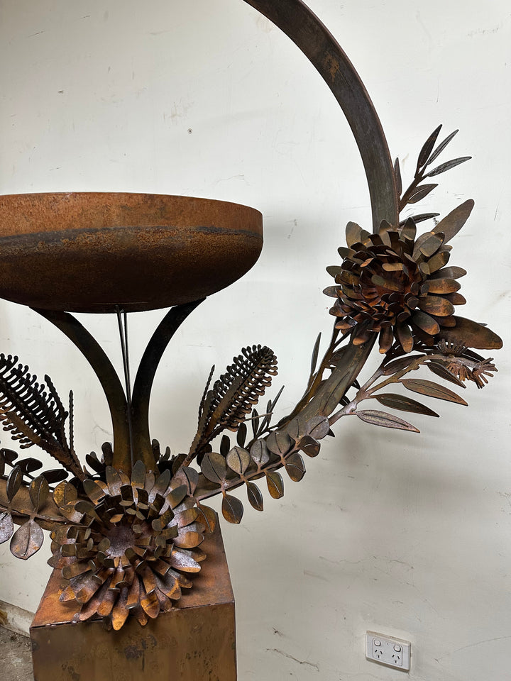 Bush Bloom Bird Bath – Sculpted Metal Art with Native Australian Flora
