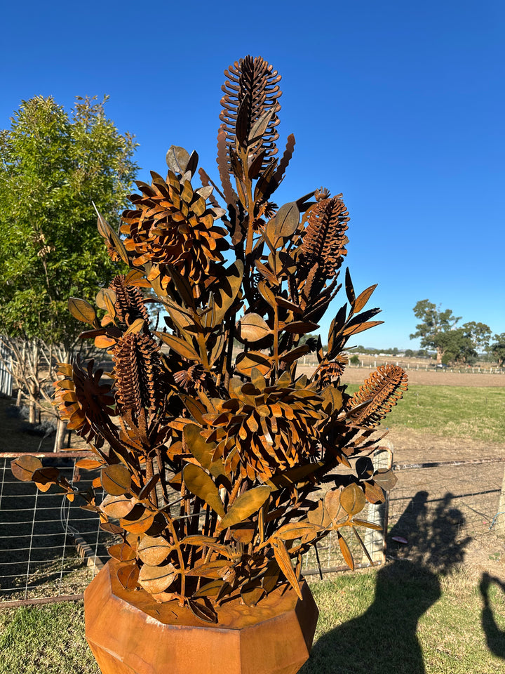 Aussie Native Flowers in Geometric Metal Vase - Metal Sculpture - Large Feature-Old n Dazed