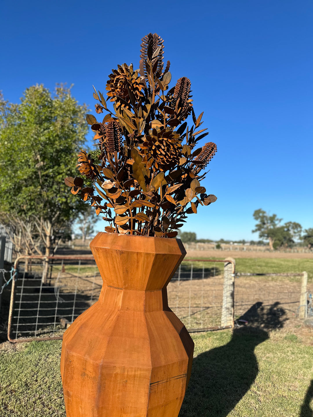 Aussie Native Flowers in Geometric Metal Vase - Metal Sculpture - Large Feature-Old n Dazed