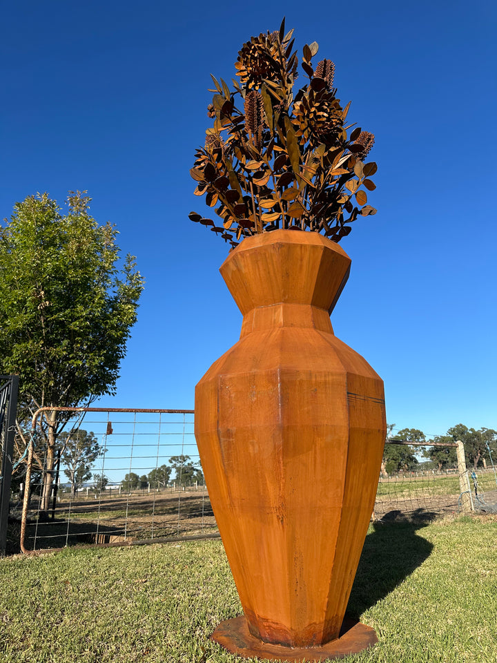 Aussie Native Flowers in Geometric Metal Vase - Metal Sculpture - Large Feature-Old n Dazed