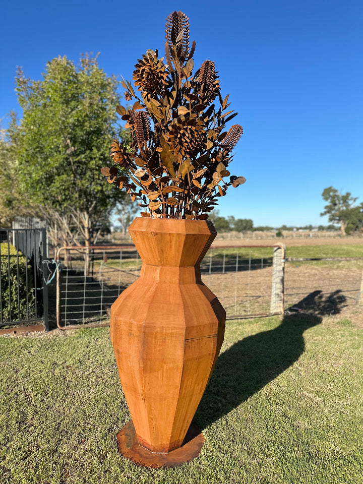 Aussie Native Flowers in Geometric Metal Vase - Metal Sculpture - Large Feature-Old n Dazed