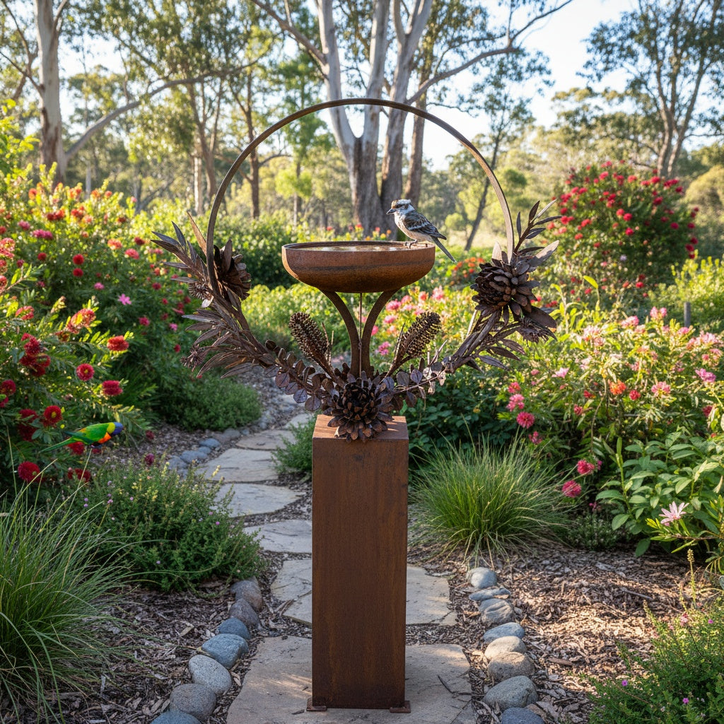 Bush Bloom Bird Bath – Sculpted Metal Art with Native Australian Flora