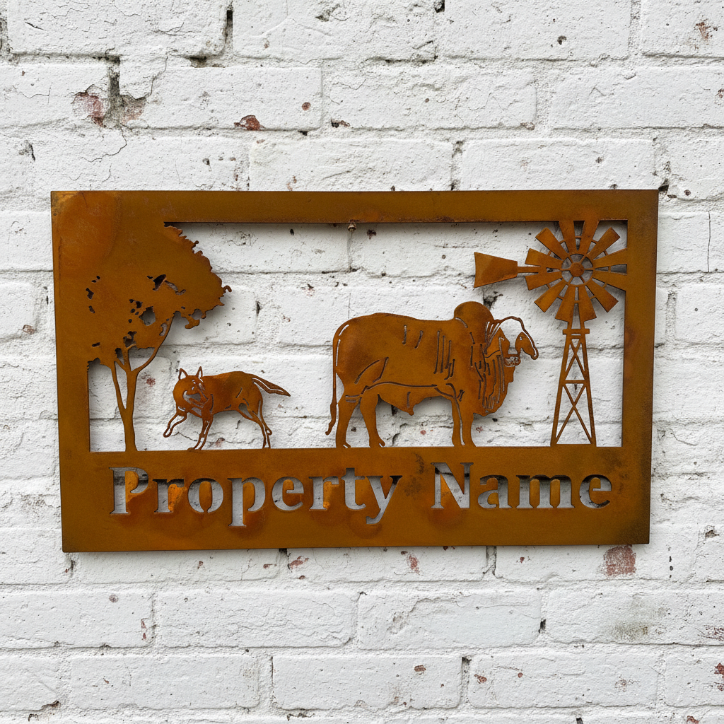 Custom Made Metal Property Sign Brahman Cow and dog