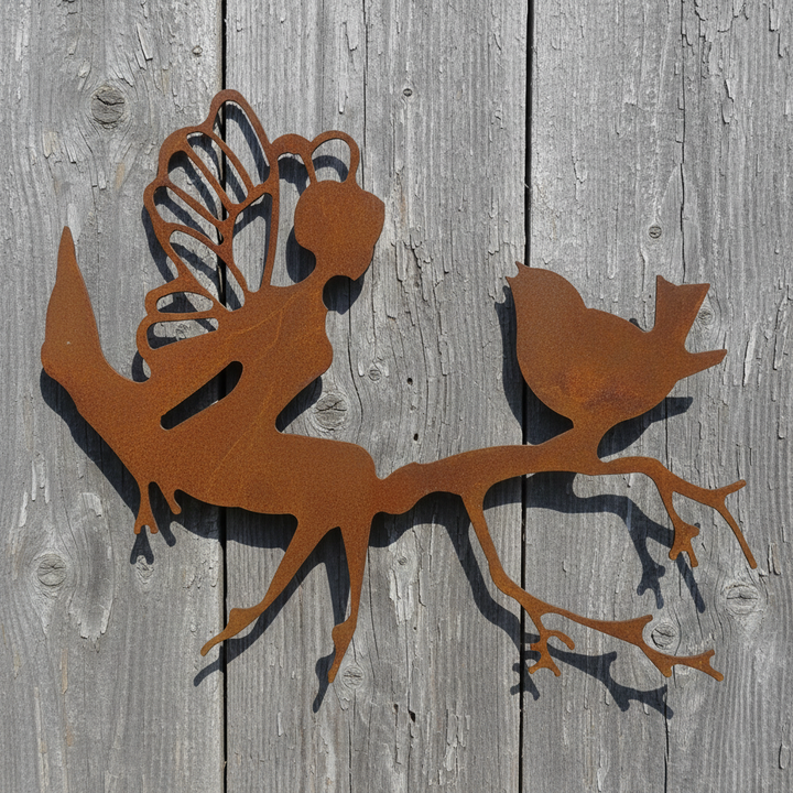 Fairy and Bird on Branch Metal Wall Art