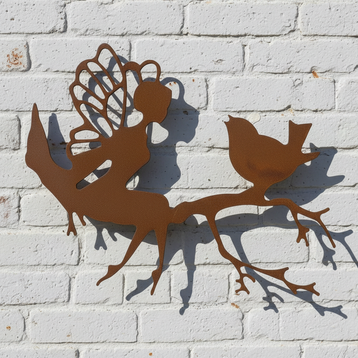 Fairy and Bird on Branch Metal Wall Art