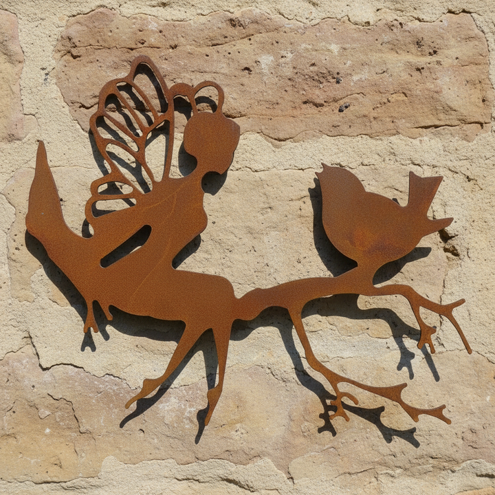 Fairy and Bird on Branch Metal Wall Art