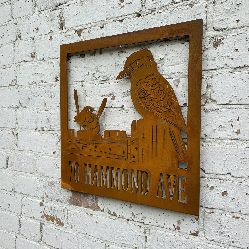 Property Sign Custom Made Metal Address Sign Kookaburra and 2 wrens