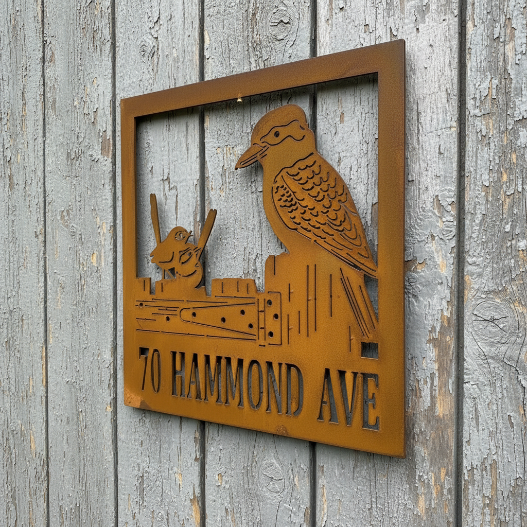 Property Sign Custom Made Metal Address Sign Kookaburra and 2 wrens