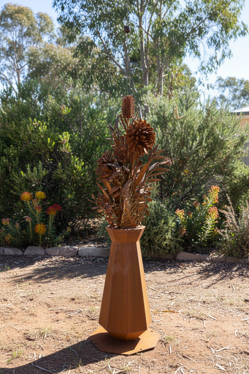 Rust Petal – Slimline Metal Vase with Native Florals