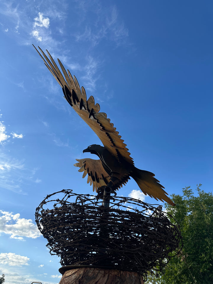 Wedge-Tailed Eagle Landing on Barbed Wire Nest – Majestic Metal Sculpture for Garden & Outdoor Display-Old n Dazed