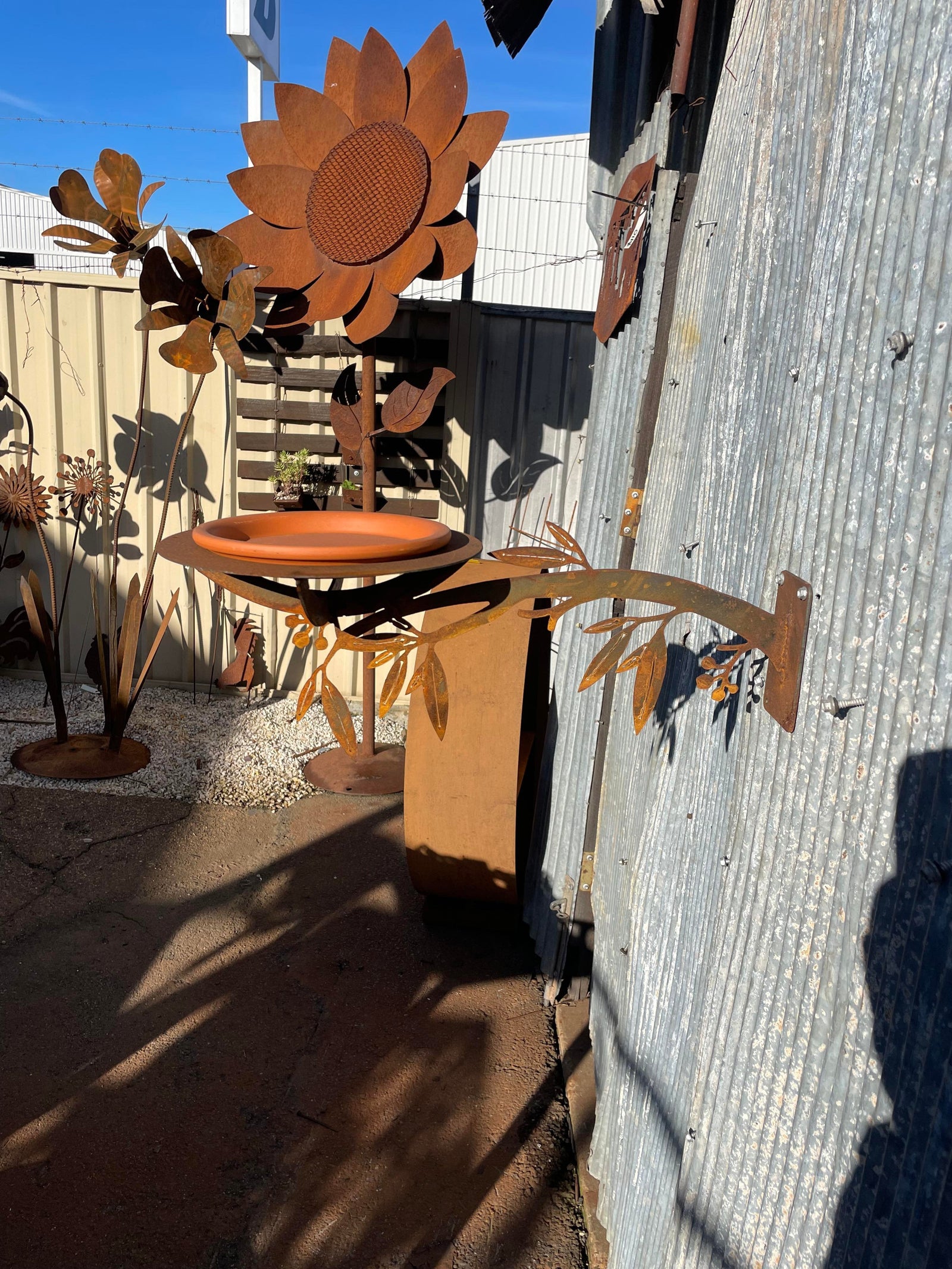 Bird Feeder / Bath - Metal Garden Sculpture with gum leaves-Old n Dazed