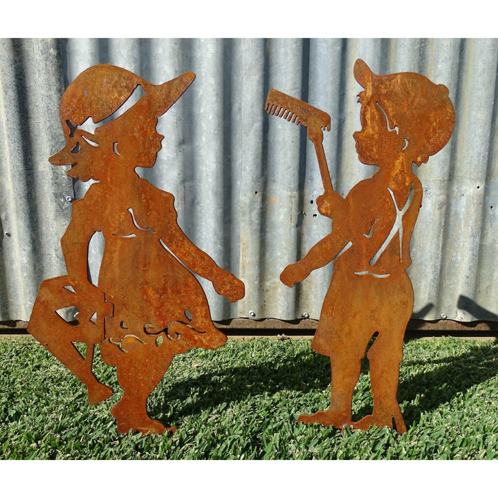 Boy with Rake / Girl with Watering Can Metal Garden Art-Old n Dazed