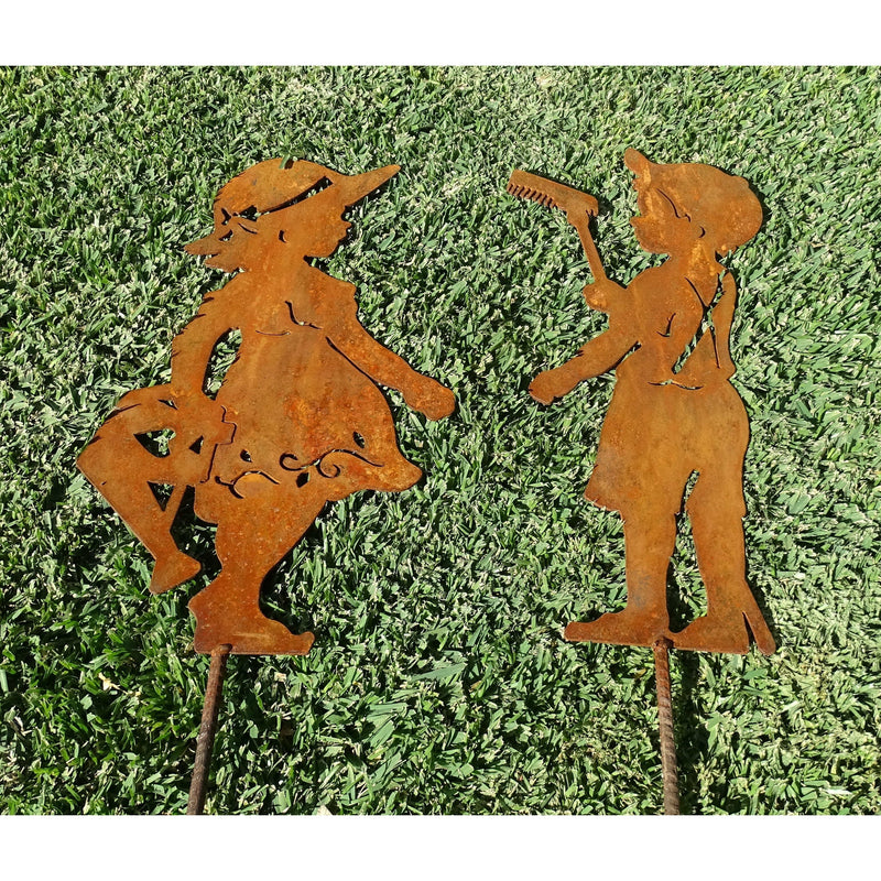 Boy with Rake / Girl with Watering Can Metal Garden Art-Old n Dazed