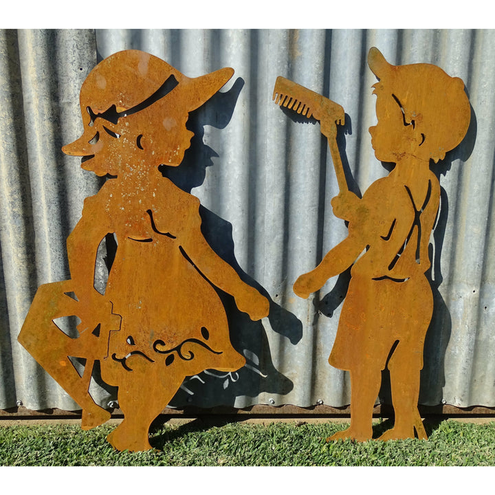 Boy with Rake / Girl with Watering Can Metal Garden Art-Old n Dazed