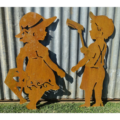 Boy with Rake / Girl with Watering Can Metal Garden Art-Old n Dazed