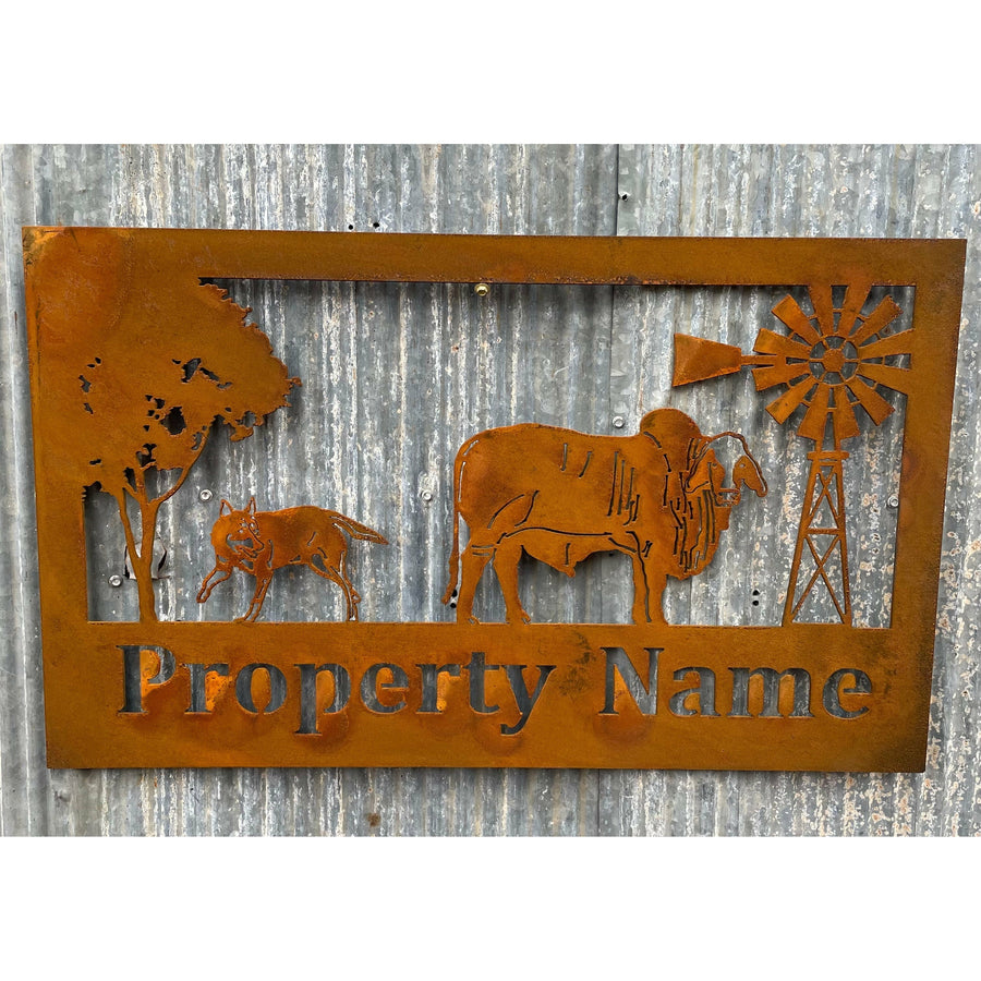 Custom Made Metal Property Sign Brahman Cow and dog-Old n Dazed