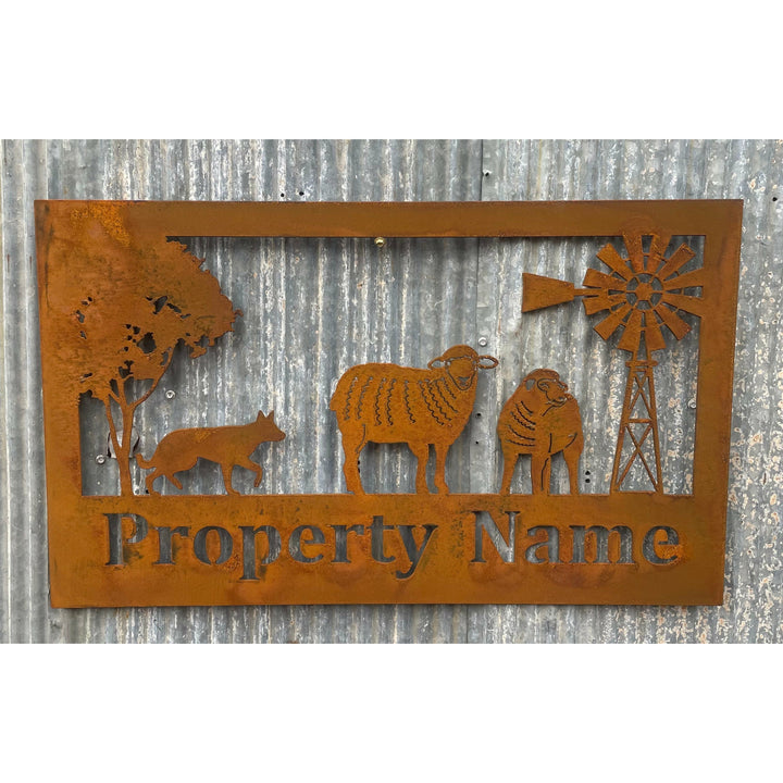 Custom Made Metal Property Sign Sheep and Dog-Old n Dazed