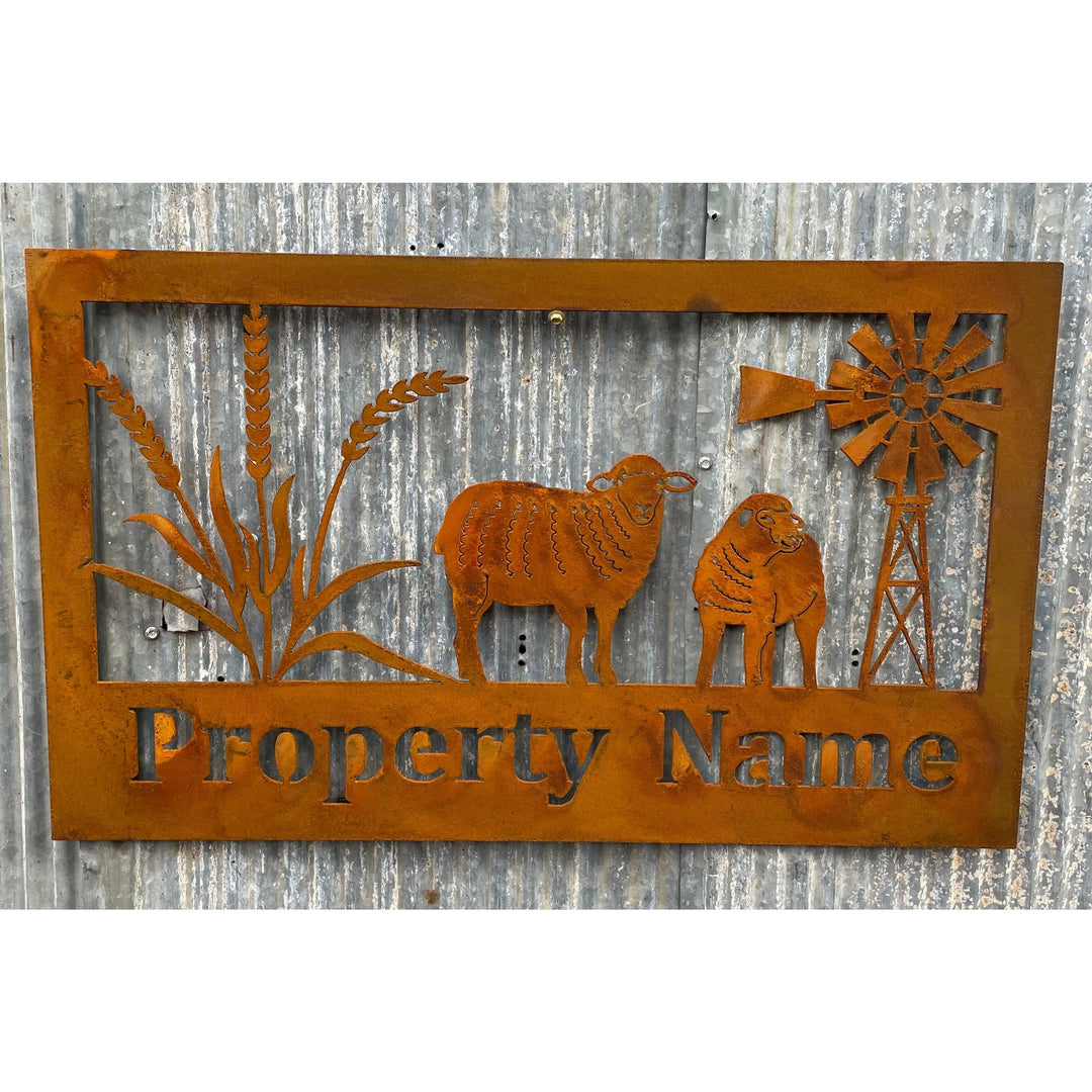 Custom Made Metal Property Sign Sheep and Wheat-Old n Dazed