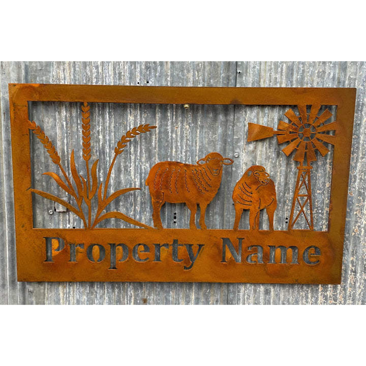 Custom Made Metal Property Sign Sheep and Wheat-Old n Dazed