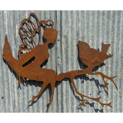 Fairy and Bird on Branch Metal Wall Art-Old n Dazed