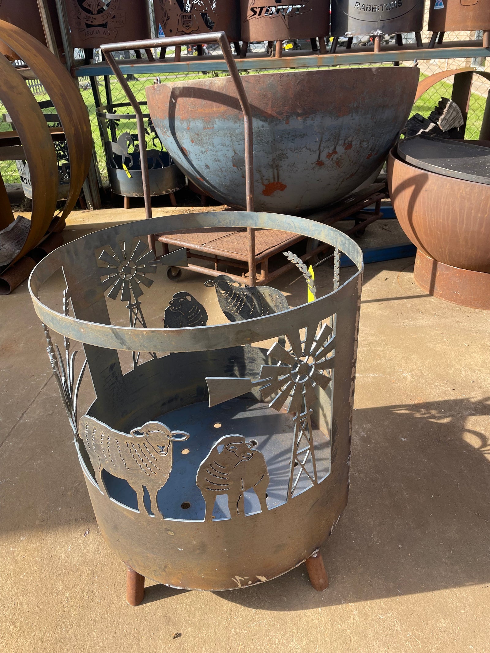 Farm scene with sheep, wheat and windmill Round Fire Pit-Old n Dazed