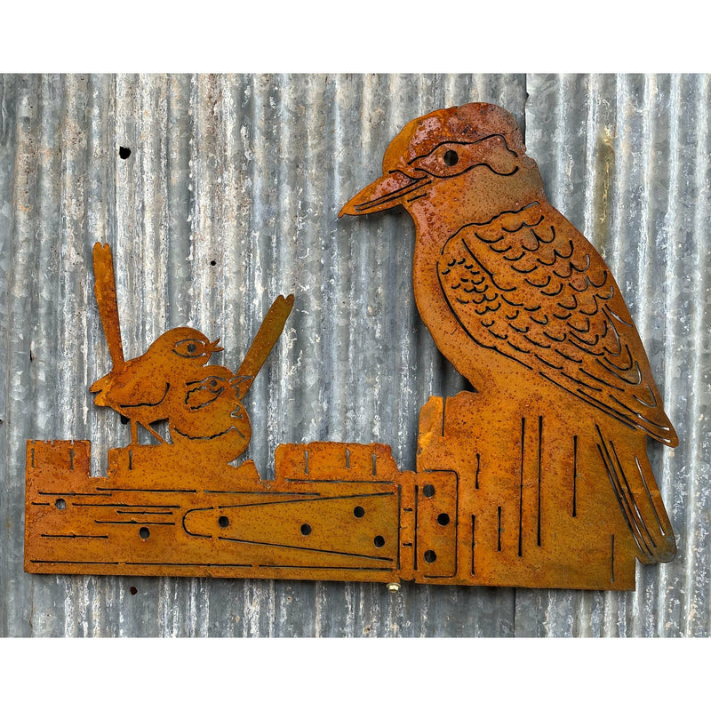 Kookaburra and 2 wrens on a gate metal wall art-Old n Dazed