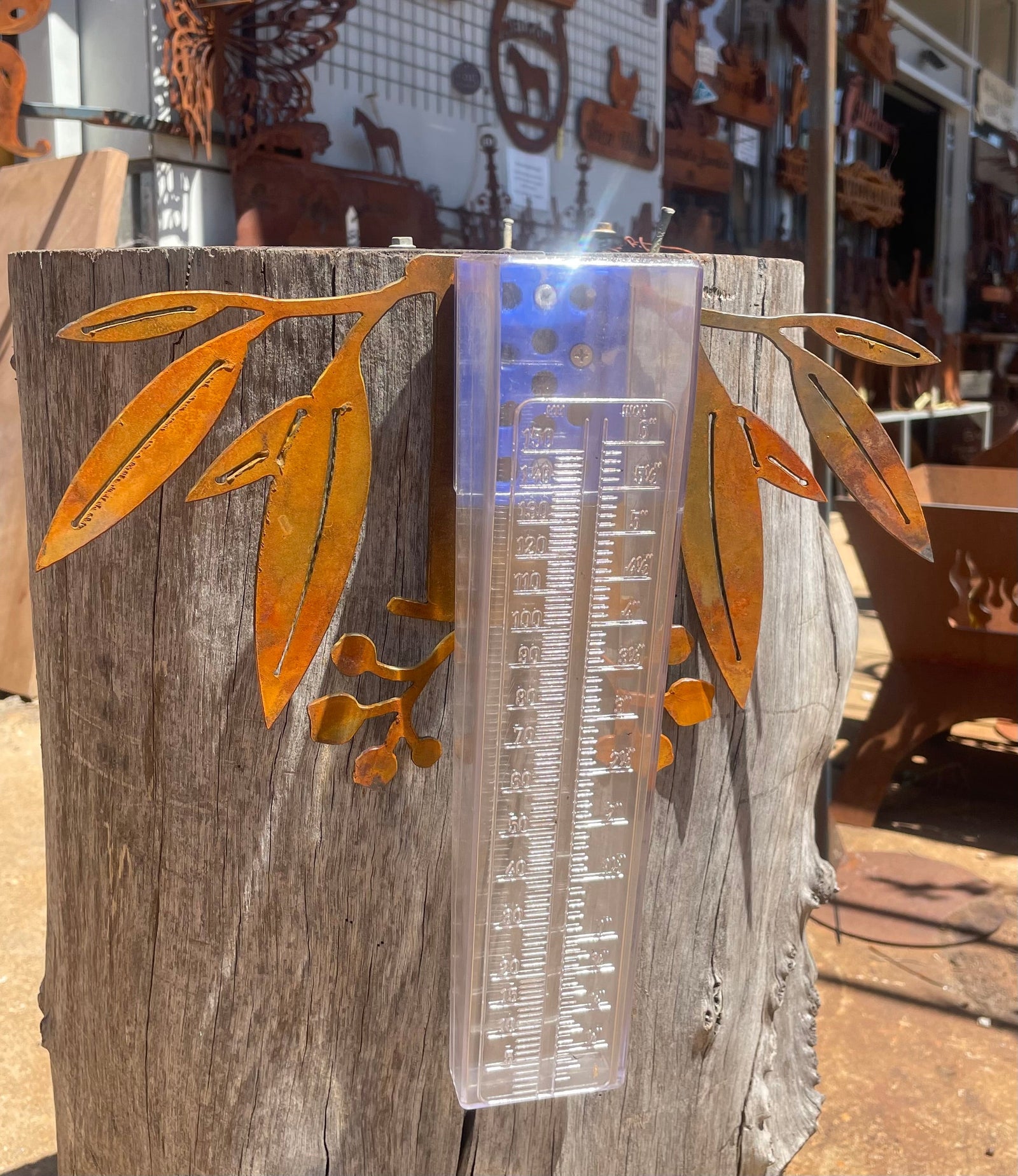 Metal Rain Gauge With Gum Leaves-Old n Dazed