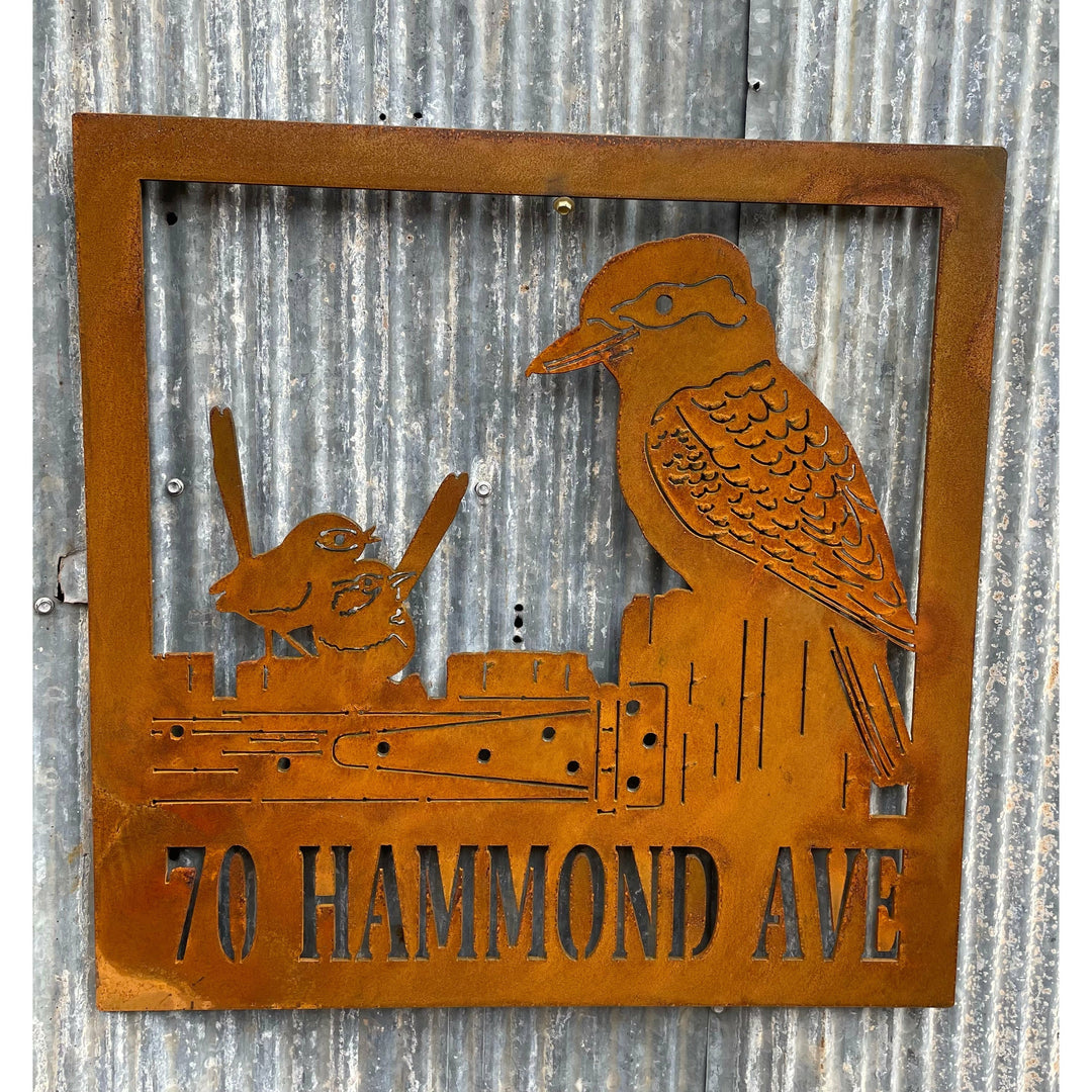 Property Sign Custom Made Metal Address Sign Kookaburra and 2 wrens-Old n Dazed