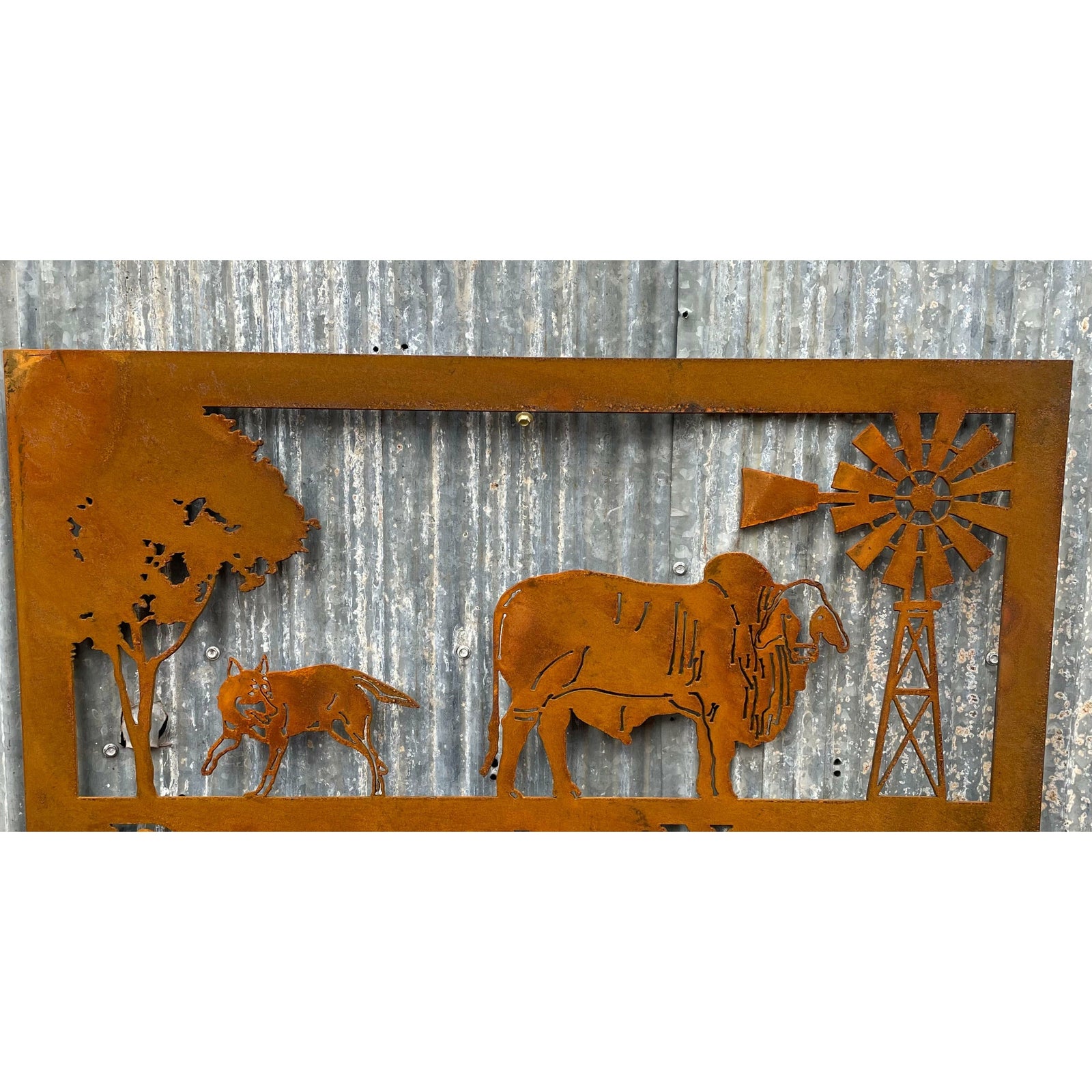 Rural Scene Metal Wall Art Brahman cow and dog-Old n Dazed