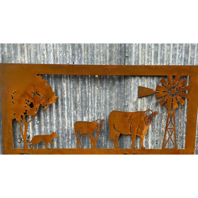 Rural Scene Metal Wall Art Cow Calf Dog-Old n Dazed